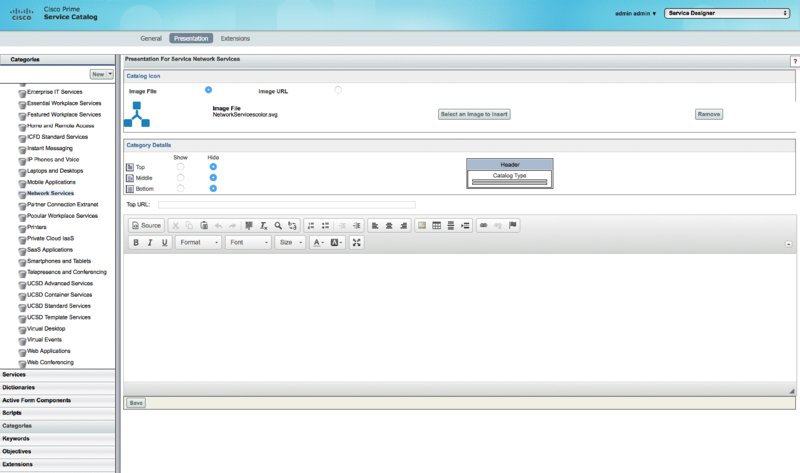 Window shows Cisco prime service catalog with tabs for general, presentation (selected), and extensions, sections for categories and presentation for service network services, catalog icon, and category details.