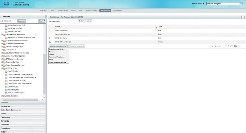 Window shows Cisco prime service catalog with sections for services and permissions per service Win10Ent(DIR) and buttons for add permissions and remove selected, and table shows columns for name and type.