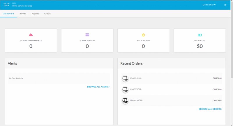 Window shows Cisco prime service catalog with tabs for dashboard (selected), servers, reports, and orders, options for active deployments, active servers, total hours, and total cost, and sections for alerts and recent orders.