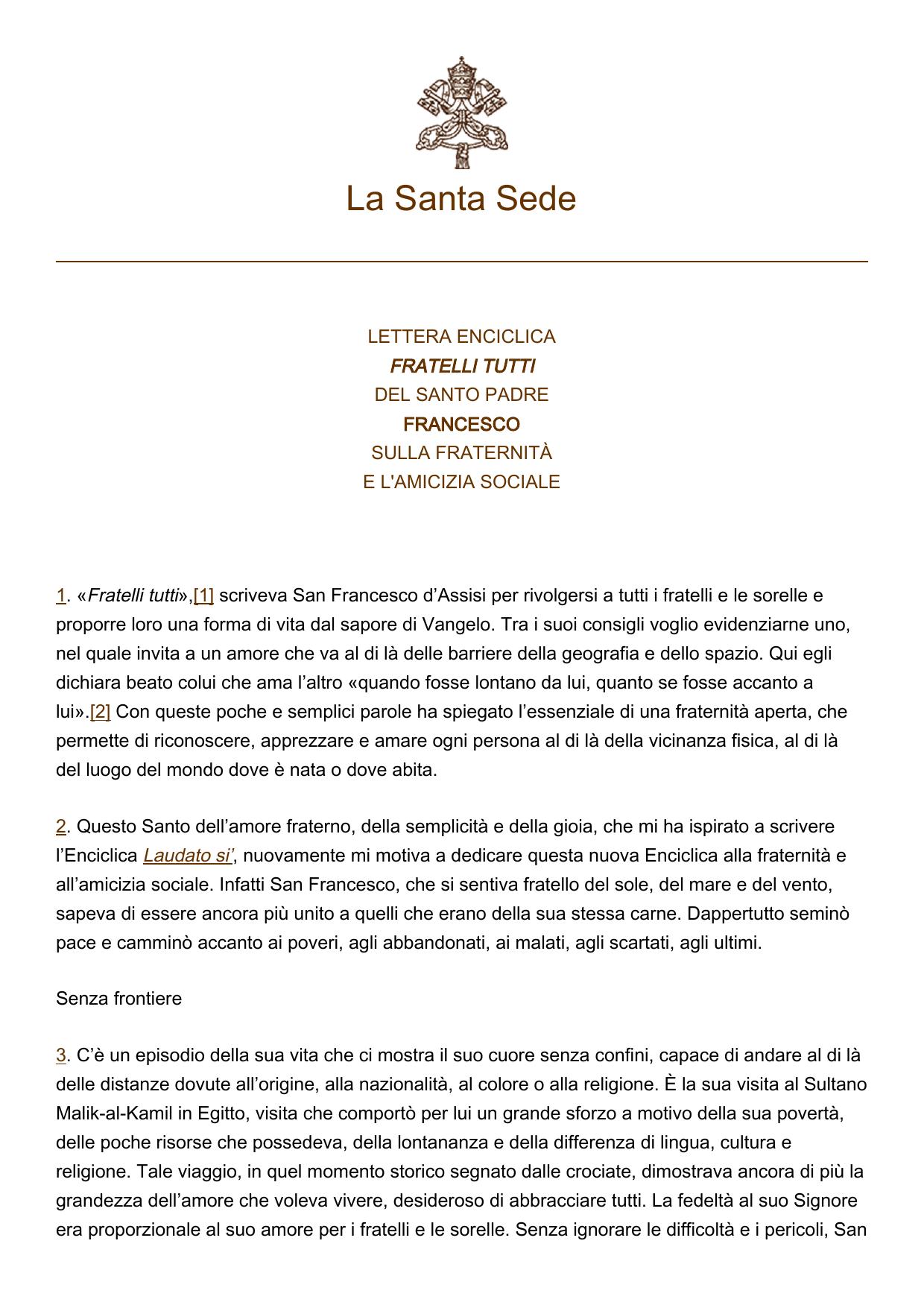 FRATELLI TUTTI Enciclica di Papa Francesco 3-10-2020