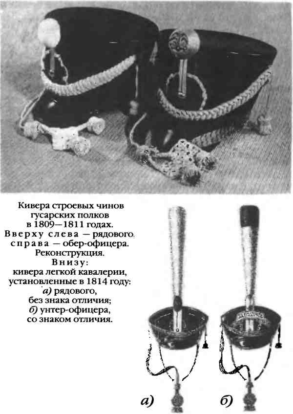 Кивера строевых чинов гусарских полков в 1809–1811 годах. Вверху слева — рядового, справа — обер-офицера. Реконструкция. Внизу: кивера легкой кавалерии, установленные в 1814 году: а) рядового, без знака отличия; б) унтер-офицера, со знаком отличия.