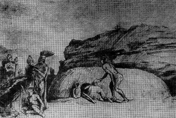 рис. 10 Во время визита Жюльена Вио в 1872 году из тайников вновь были извлечены изделия языческого искусства: каменные фигурки, охраняющие вход в камышовые хижины, ритуальные палицы уа и другие. До того как миссионеров в 1871 году изгнали с Пасхи, они успели заверить епископа Жоссана на Таити, что на острове больше не осталось языческих изделий. (Воспр. с оригинала Жюльена Вио, любезно предоставленного Международным обществом друзей Пьера Лоти.)