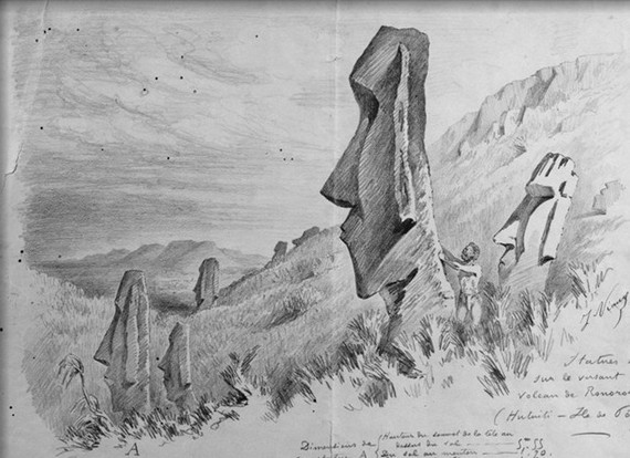 рис. 12 Если сравнить зарисовку, сделанную Жюльеном Вио на склоне Рано Рараку ниже карьеров в 1872 году, и нашу фотографию 1955 года (фото 12а), видно, что за восемьдесят с лишним лет делювия или гумуса почти не прибавилось. (Воспр. с оригинала.)